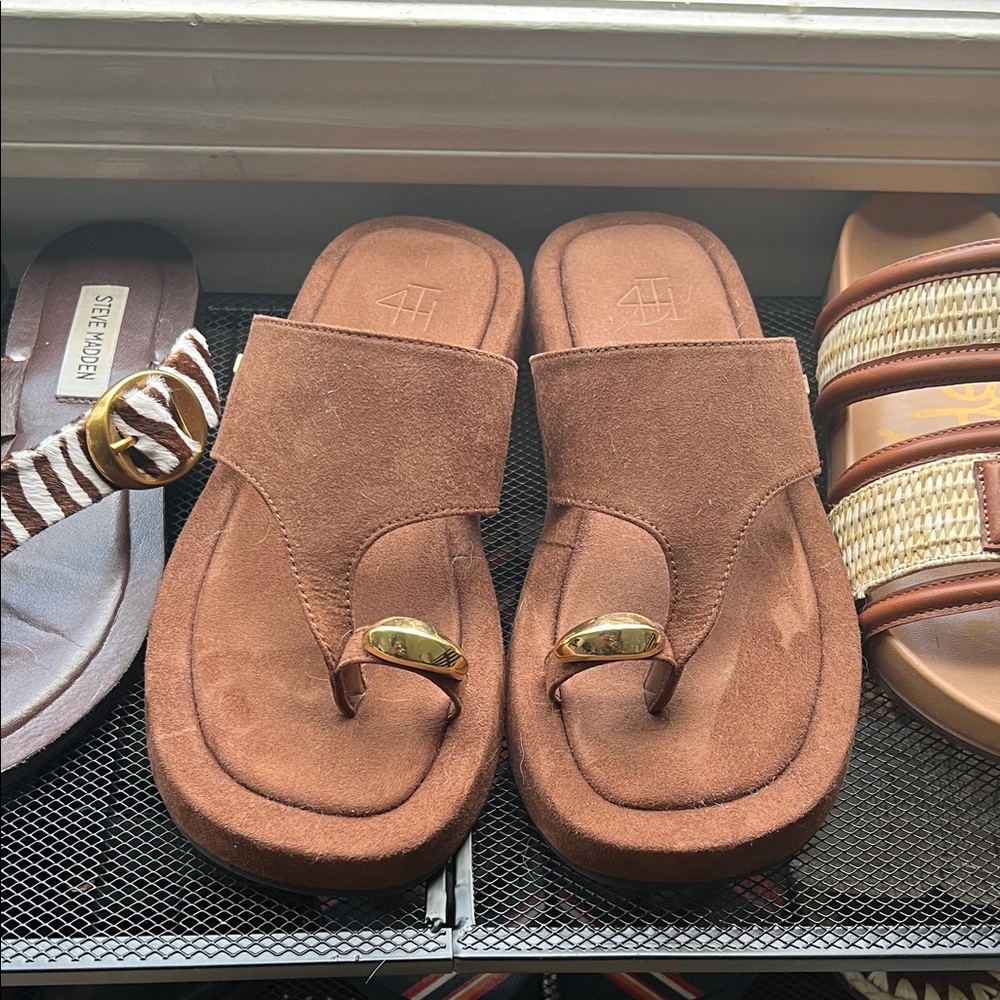 Zara Brown Platform Sandals with Gold Accents